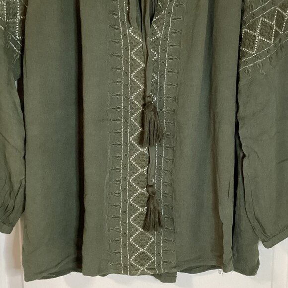 Papa Vancouver Women's Top Blouse With Embroidery Boho Peasant Olive Green - Picture 3 of 7